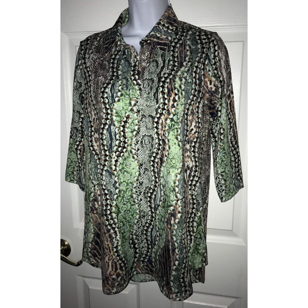 WOMEN WITH CONTROL BY RENEE GREENSTEIN Green Gray Stretch TUNIC SIZE XS Petite